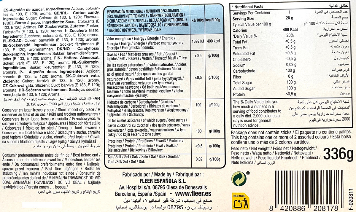 Ingredientes y cuadro nutricional de Algodón de azúcar fluffy