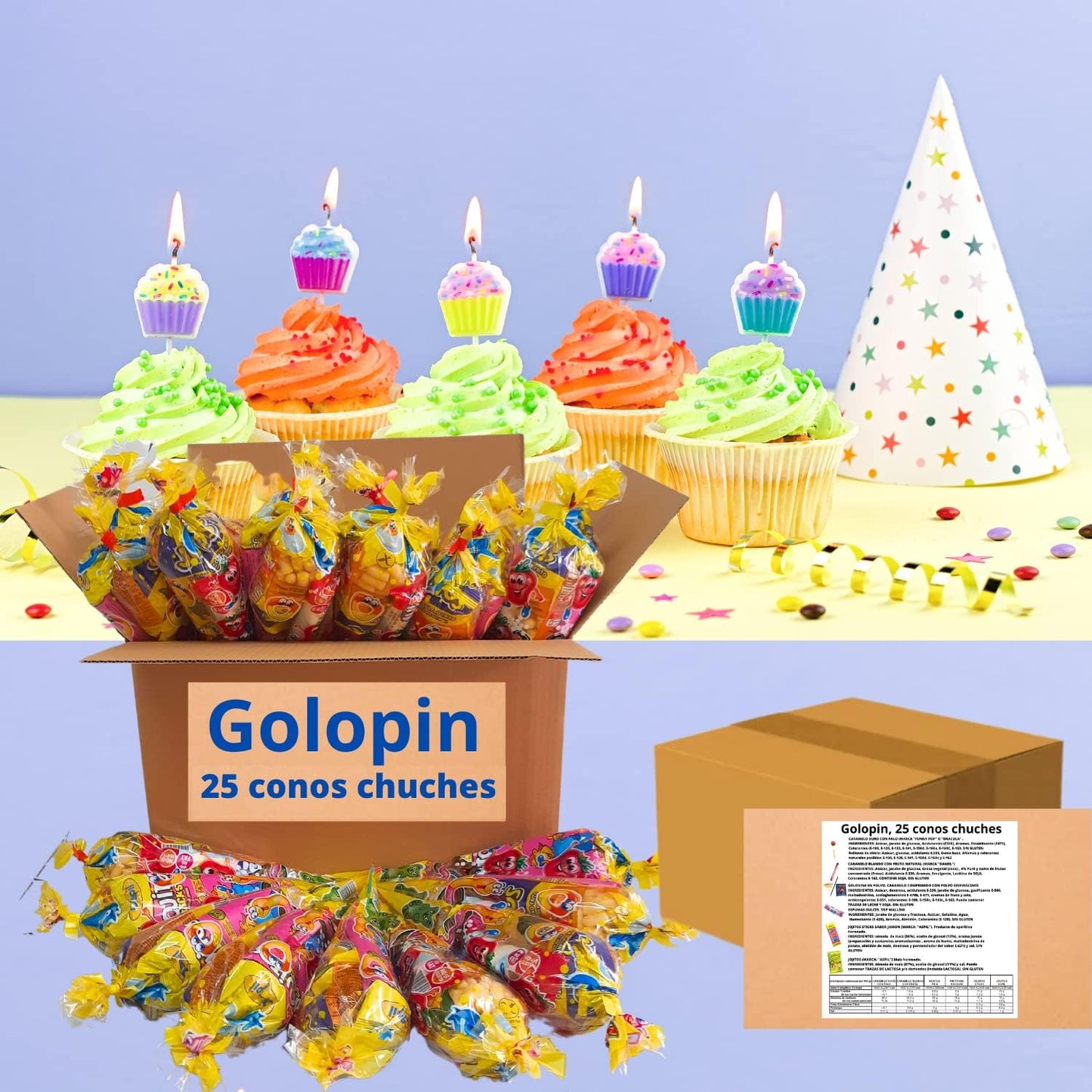 Golopin, Conos Chuches Cumpleaños de 40 cm x 20 cm. Bolsas Piñata. Envueltas. 15, 25,40 o 60 unidades de Cucuruchos.