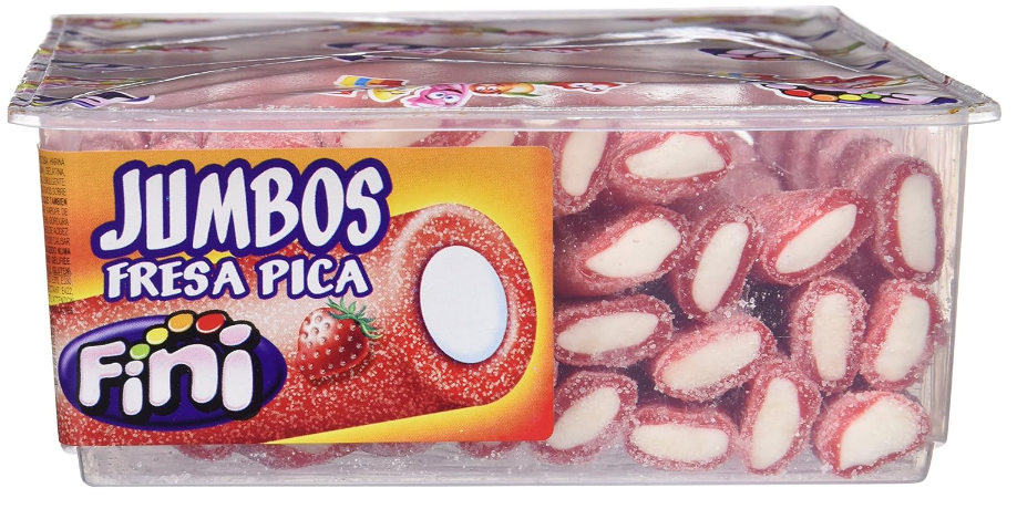 Regaliz Fini Jumbo rojo sabor fresa relleno nata caja 30 unidades (brillo y pica)