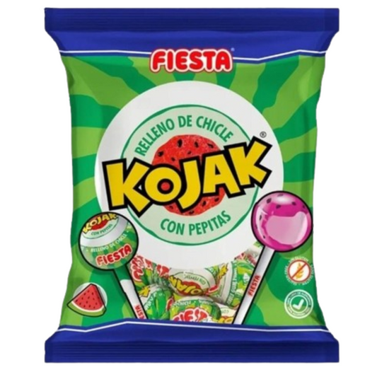 BOLSA DE CHUPA CARAMELOS CON PALO CON SABOR SANDIA CON PEPITAS Y RELLENO DE CHICLE