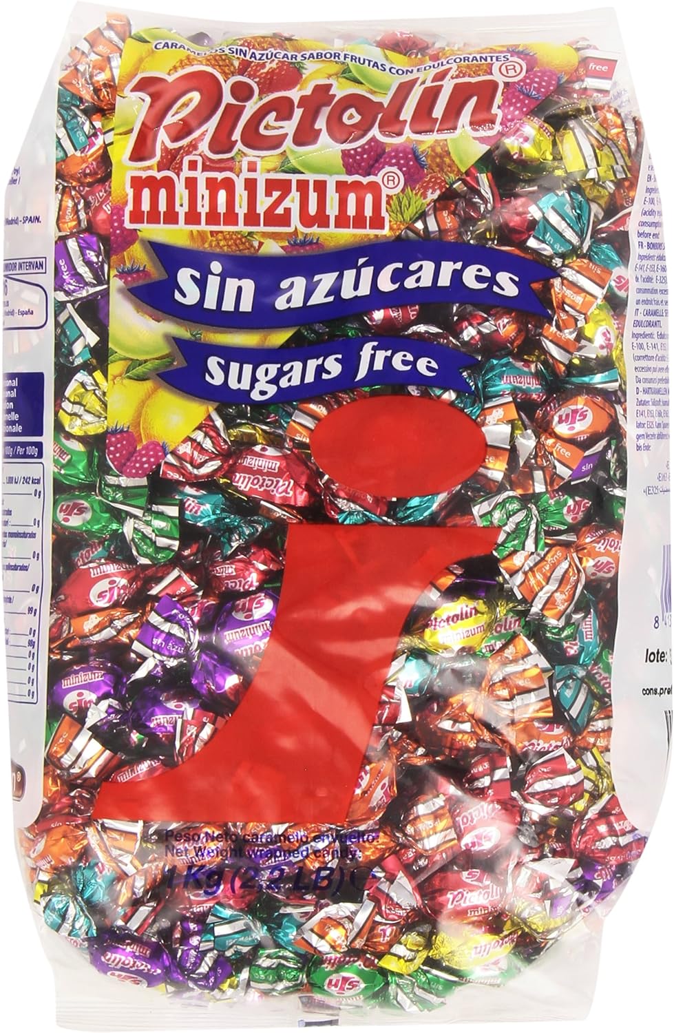 Caramelos Pictolin Minizum sin azúcar sabor frutas con edulcorantes bolsa 1 kg