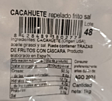 Cacahuete repelado frito con sal bolsa 1 kilo Frutos Secos Sagacor