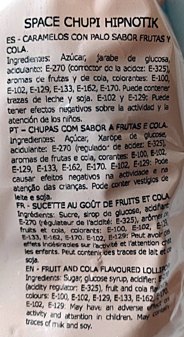 detalle de ingredientes de space chupi hipnotic