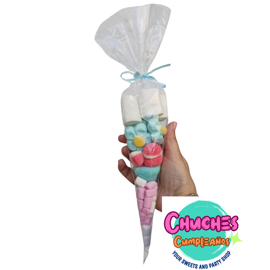PACK 500 Unidades Conos Nubes Blanco-rosa-celeste con lazo