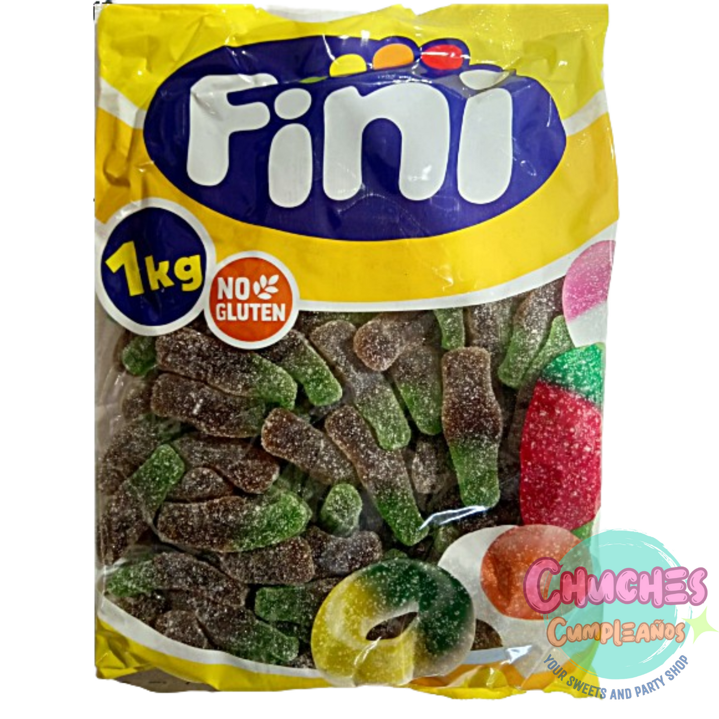 Botellitas de cola de gomas con azúcar sabor menta y cola bolsa de 1 kilo de fini