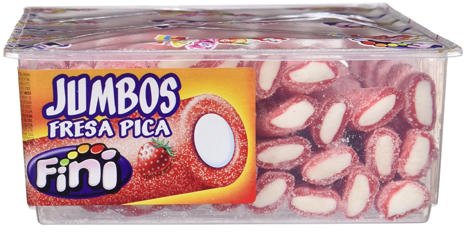 Regaliz Fini Jumbo rojo sabor fresa relleno nata caja 30 unidades.