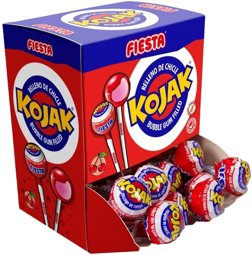 Fiesta chupa Kojak sabor cereza relleno de chicle caja 20 unidades