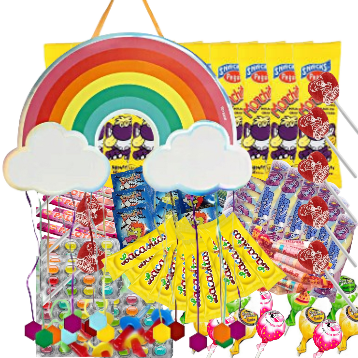 Pack Chuches + Piñata Cumpleaños ARCO IRIS. 100 unidades surtidas 100% Calidad