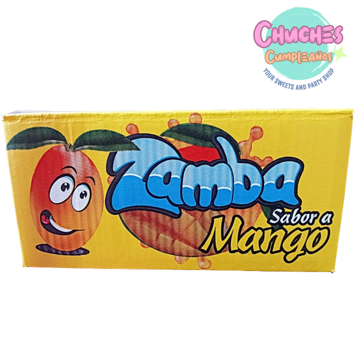 detalle de la caja de zamba sabor a mango